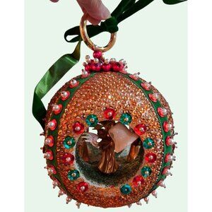 Large Vintage Handcrafted Beaded Nativity Christmas Ornament Angels Bell Diorama